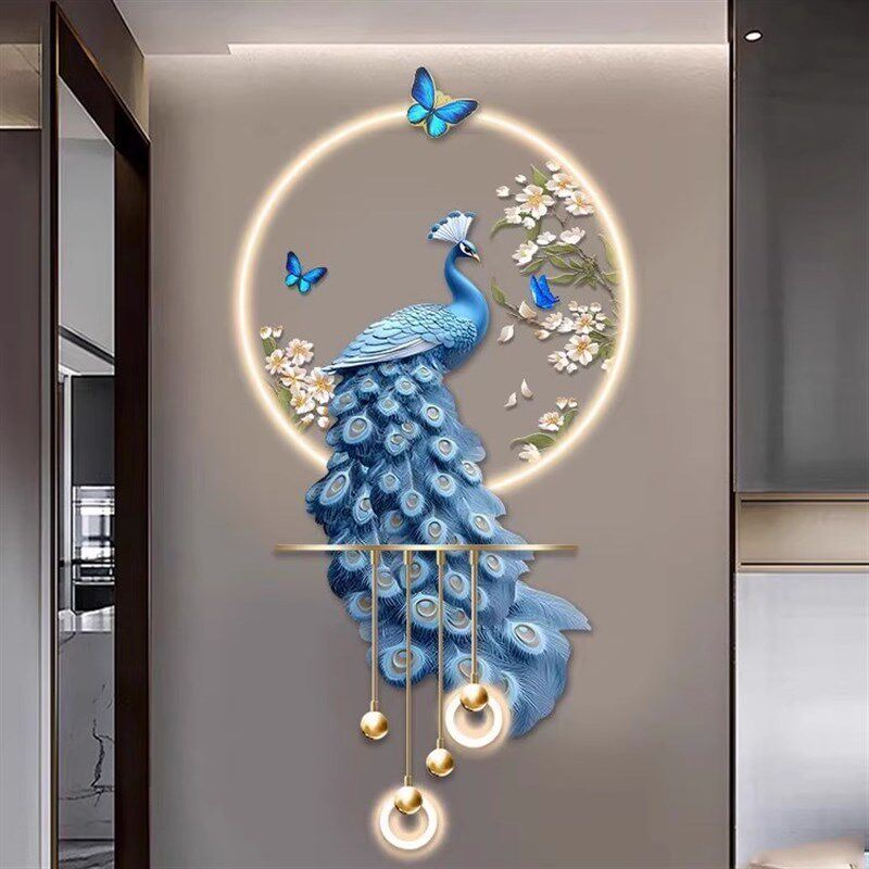 孔雀玄关装饰画 划高级感立体LED壁灯新中式入户走廊过道挂画 划2