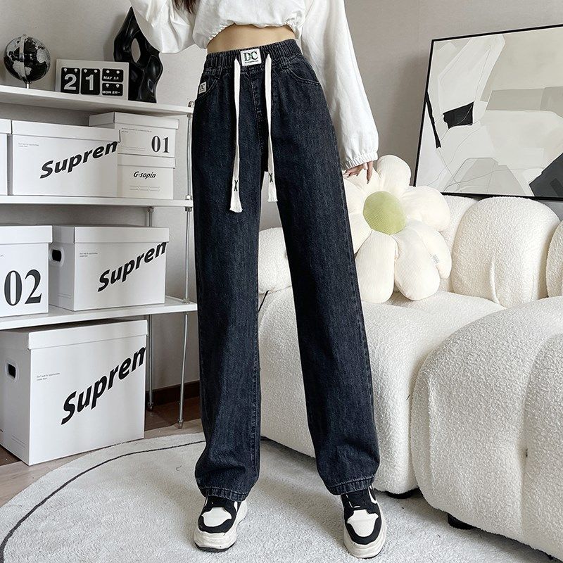 松紧腰牛仔裤女宽松直筒春秋小个子高腰休闲阔腿裤春季学生裤子女