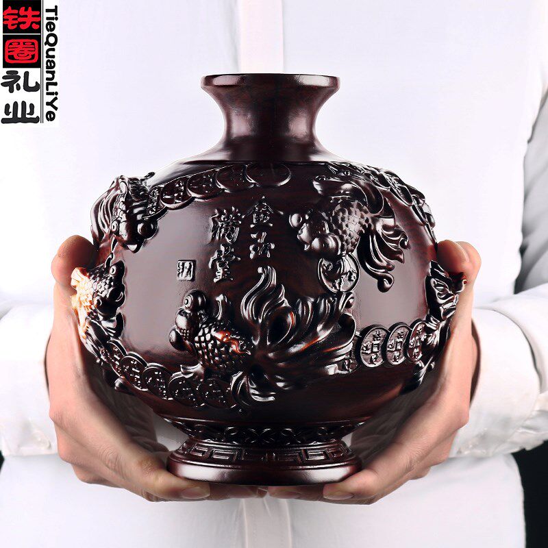 铁圈礼业黑檀木花瓶摆件木雕雕刻实木工艺品客厅插花乔迁家居装饰