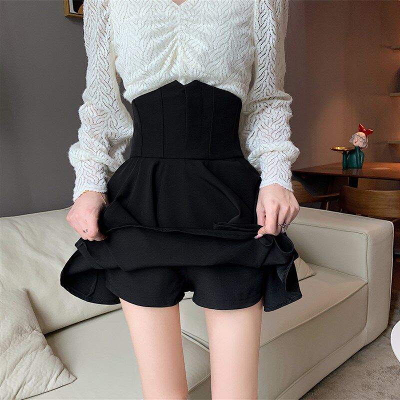 法式显瘦收腰半身裙女秋冬小黑裙蓬蓬裙大码胖mm高腰遮肚短裙裙裤