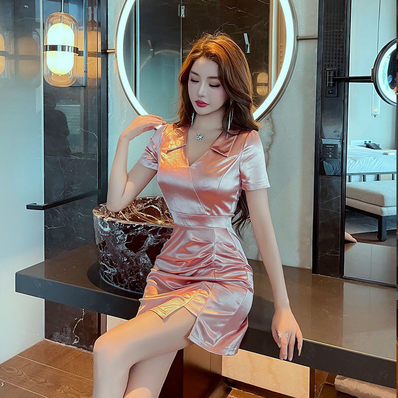 夜场工作服黑色漏背性感裙低胸女装夜总店连衣裙桑拿按摩气质短裙
