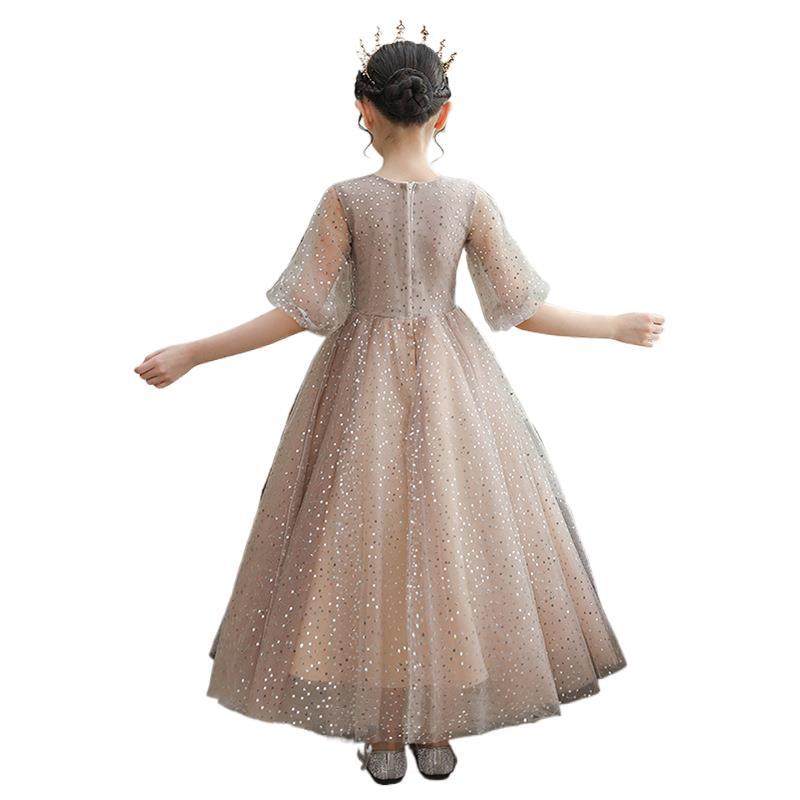 女童生日礼服金色轻奢公主长裙小女孩主持人钢琴演出服装长袖秋冬