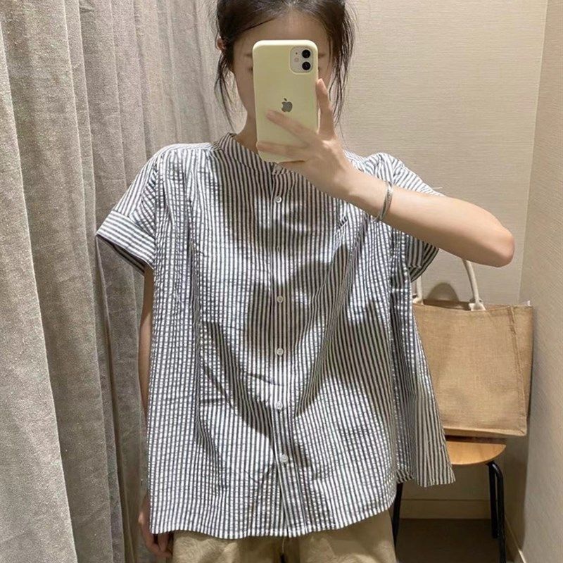 水洗棉条纹法国袖罩衫衬衣女2023夏黑白格子宽松短袖立领衬衫上衣,女装/女士精品,衬衫,淘宝优惠券,粉丝福利购,淘宝优惠卷