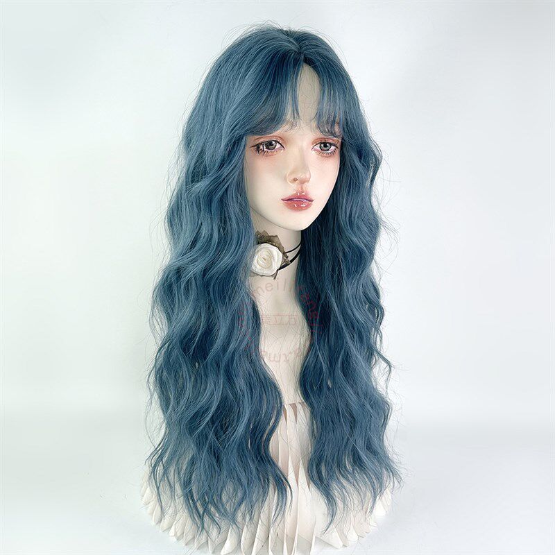 蓝色中分羊毛卷发假发女全头套长卷发大波浪cos彩绿湖蓝色lolita
