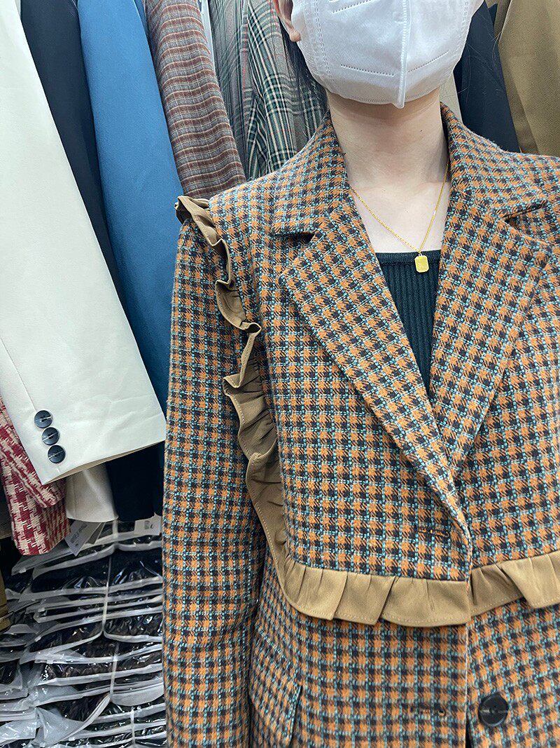 秋冬女装新海军风荷叶边小西装夹棉毛呢外套气质宽松格子呢子大衣
