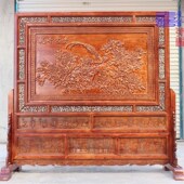 东阳木雕落地屏座屏木雕花开富贵屏风中式 实木双面雕花玄关隔断