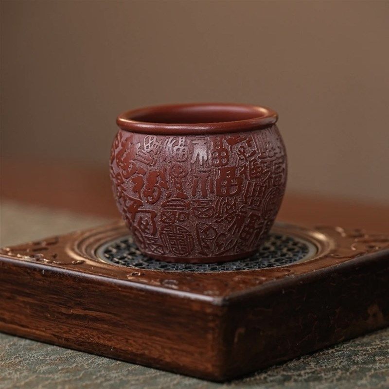 宜兴纯紫砂朱泥原矿大红袍手工刻绘主人百福水缸茶杯容量品茗茶具,餐饮具,茶杯,淘宝优惠券,粉丝福利购,淘宝优惠卷