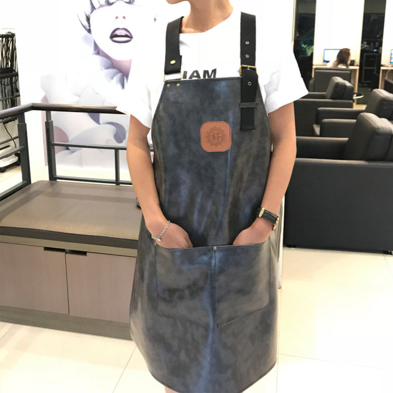 高级皮围裙防水韩版时尚发型调酒师美发咖啡师吧台匠人工作服定制