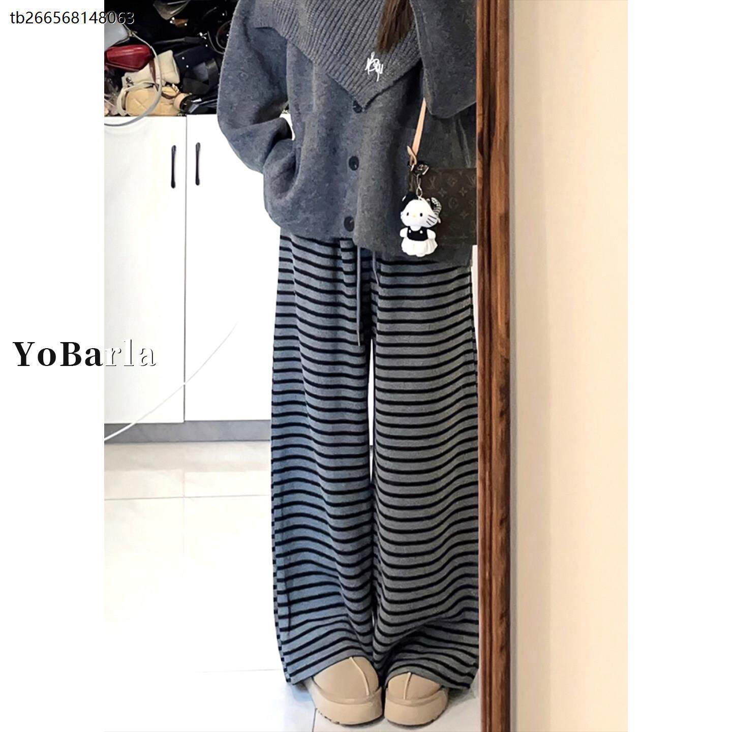 深灰色直筒条纹休闲裤女春季新款胖mm宽松大码显瘦软糯垂感阔腿裤