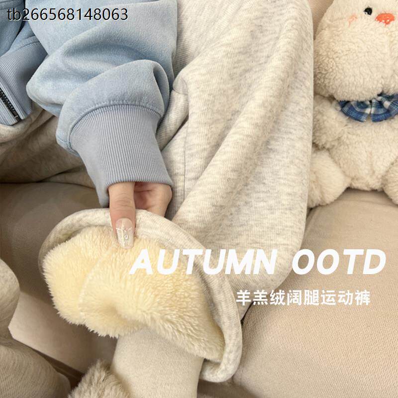 灰色羊羔绒运动裤女秋冬2025新款加绒棉裤束脚休闲 阔腿小个子卫