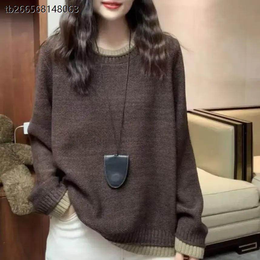 慵懒风拼色圆领针织打底衫女棉纱毛衣女时尚百搭宽松百搭洋派上衣