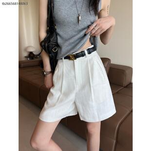 白色亚麻短裤女夏季新款小个子宽松高腰a字休闲 天丝麻阔腿五分裤