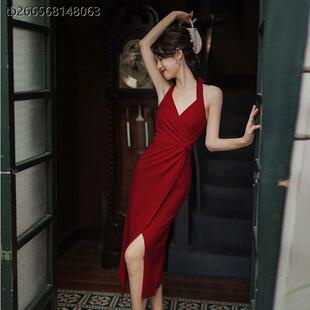 中式覆古挂颈洋装女2024夏季名媛气质设计感红色吊带开叉长裙女