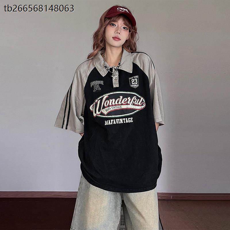 胖mm大尺码美式国潮撞色条纹POLO衫短袖t恤女夏季黑色显瘦百搭上