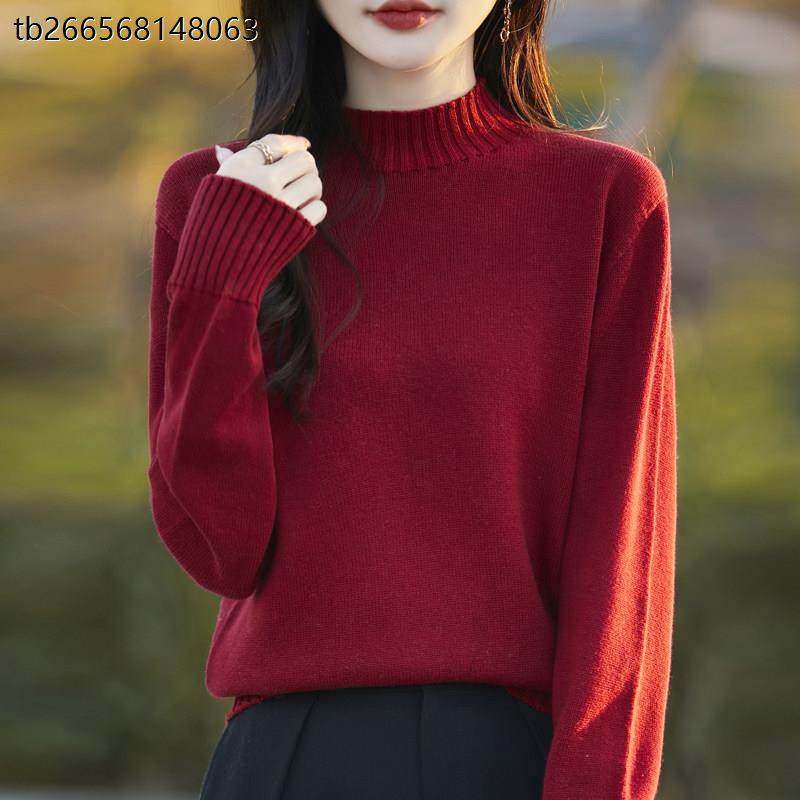 纯棉线半高领加厚针织衫女2024冬季宽松慵懒风开叉毛衣纯色内搭衣