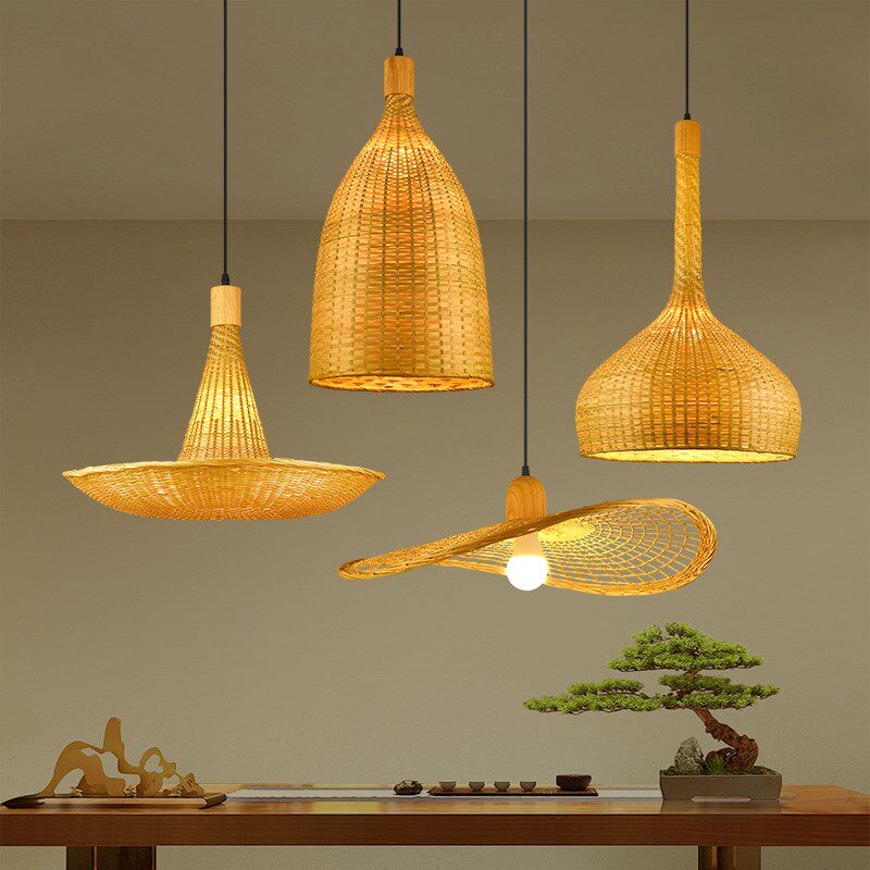竹编吊灯茶室灯创意餐厅灯竹编灯民宿装饰竹灯罩竹艺火锅店吧台灯