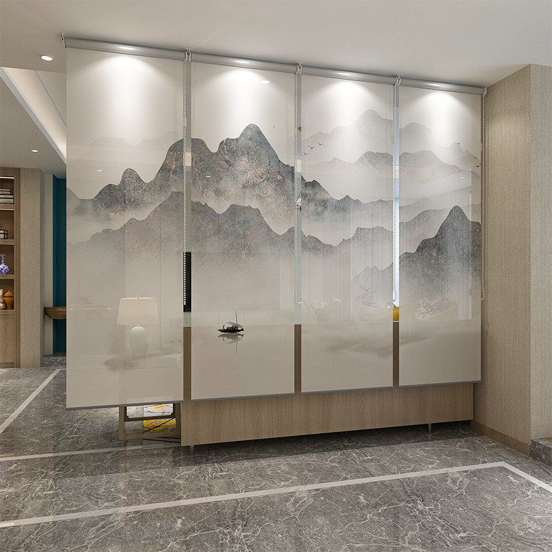 2021新款中式手拉屏风软隔断玄关布帘遮挡客厅飘窗山水画卷帘窗帘