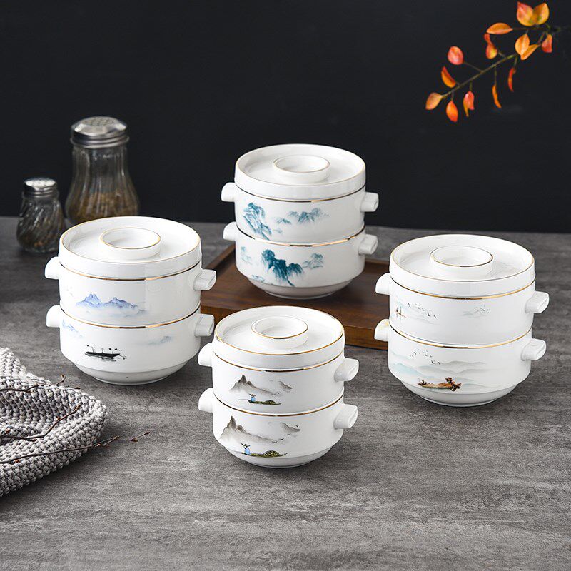 餐厅意境菜双层点心蒸盅位上陶瓷汤羹碗中式早餐汤盅鸡蛋羹小炖盅
