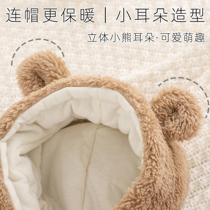 宝宝冬天加厚加绒连体衣新生婴儿羊羔绒夹棉连脚包手包脚外出服