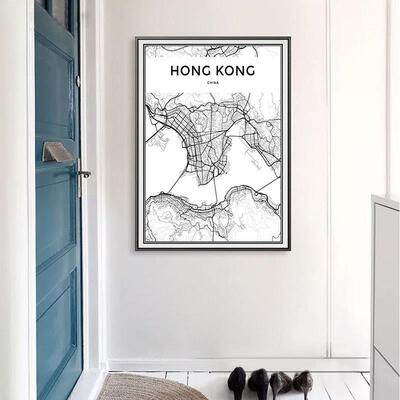 欧美城市黑白线描地图现沙发背景墙简装饰画约书房挂画抽象简约画