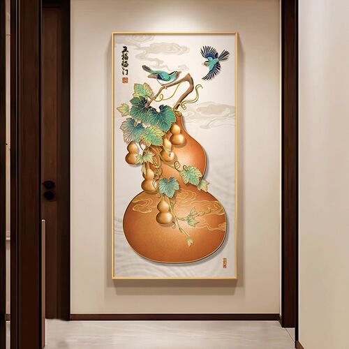 五福临门入户玄关画装饰画新中式高级感走廊带灯挂画福禄平安壁画
