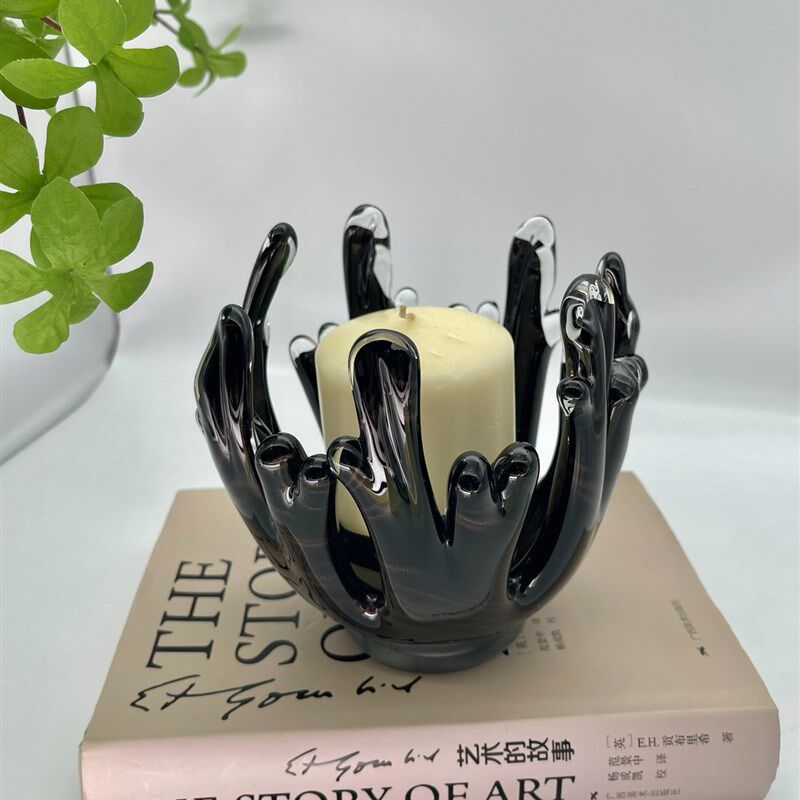 中古手工琉璃烛台样板间黑白简约台面摆件软装艺术感家居装饰