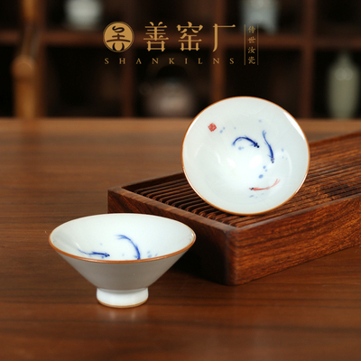 善窑厂李善明善款月白青花鱼藻图汝瓷开片斗笠杯茶杯主人杯单杯大