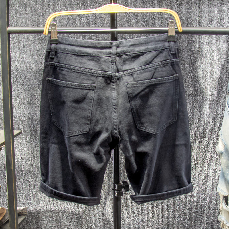 三古木棉黑色5分破洞牛仔短裤男夏季薄款休闲五分裤男宽松中裤子