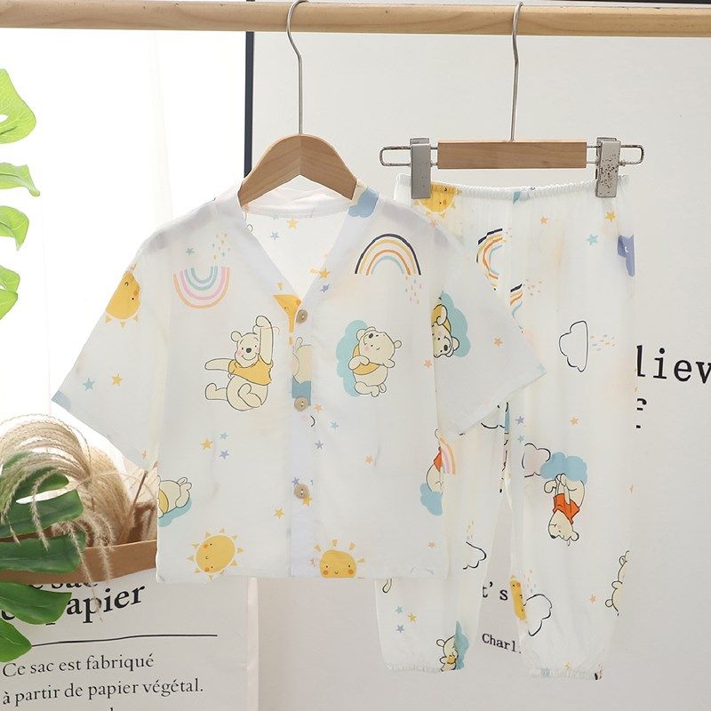 儿童夏季薄款绵绸睡衣男童女童短袖长裤家居服棉绸宝宝开衫空调服,童装/婴儿装/亲子装,家居服套装,淘宝优惠券,粉丝福利购,淘宝优惠卷