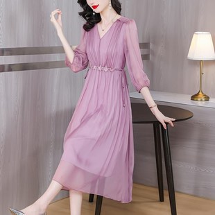 夏季真丝长袖女装连衣裙子春秋高档2024新款雪纺高端精致长裙垂坠