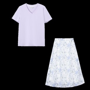 zk linT恤a字碎花半身裙两件套装女夏法式复古气质小个子2025新款
