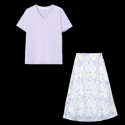 zk linT恤a字碎花半身裙两件套装女夏法式复古气质小个子2025新款