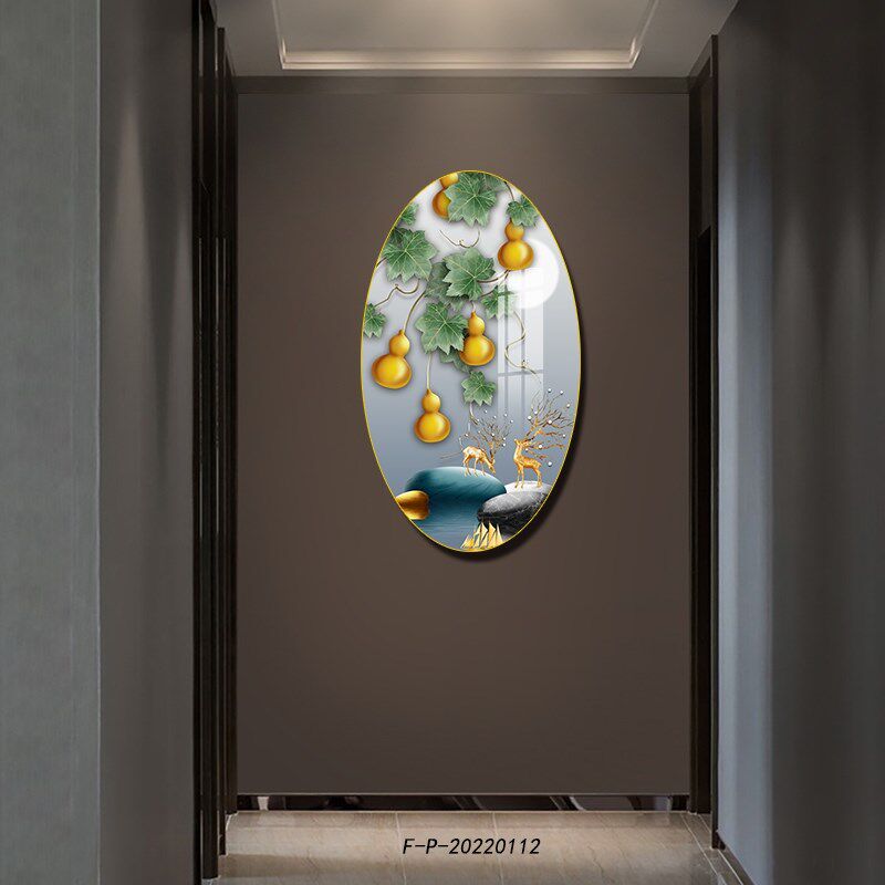网红五福临门葫芦国风装饰画花鸟字画入户玄关客厅椭圆形免钉挂画