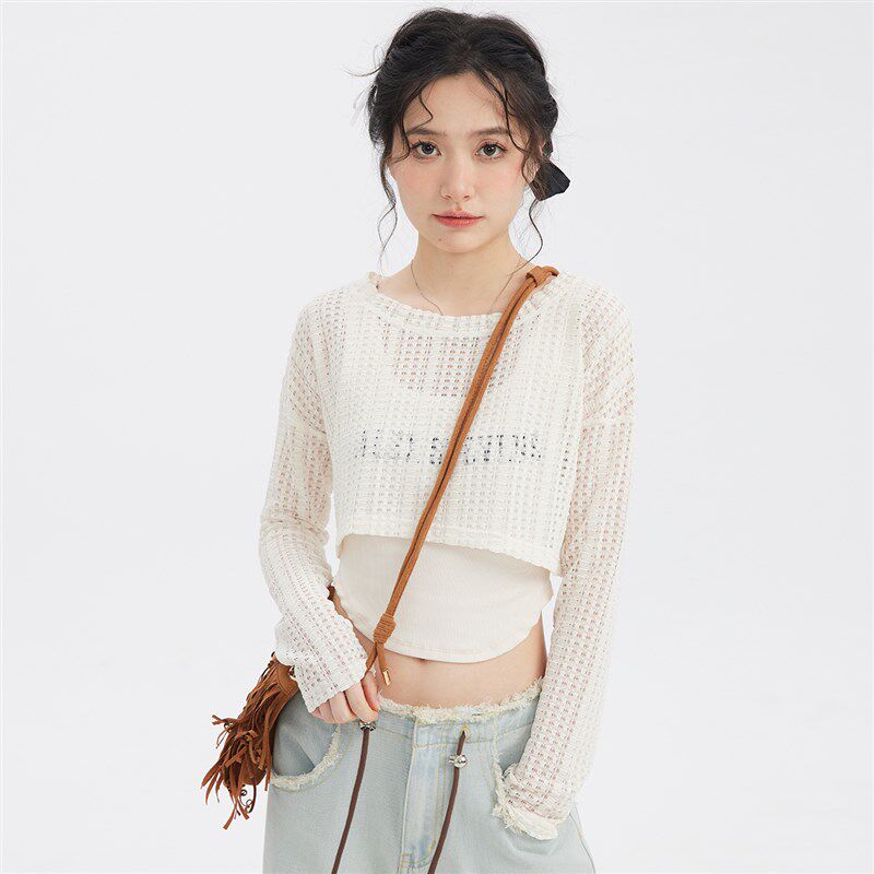 尔给防晒罩衫长袖高腰薄款镂空蕾丝短款针织衫上衣女夏设计感T恤