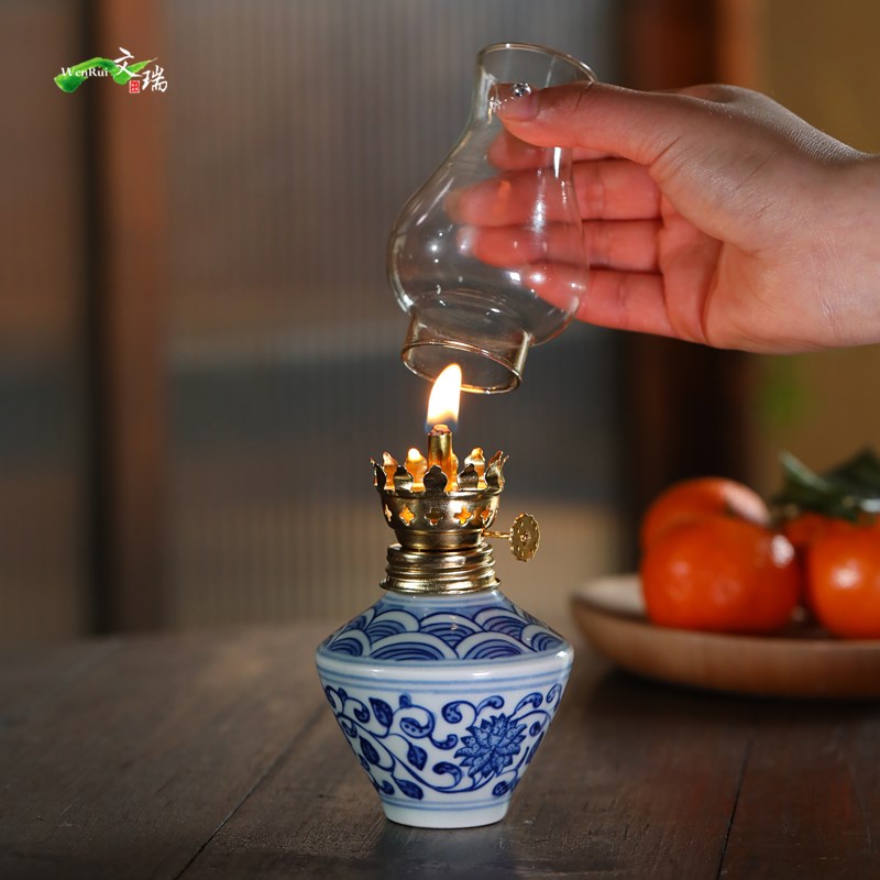 景德镇手绘青花陶瓷酥油灯中式创意茶室氛围灯老式煤油灯手工设计