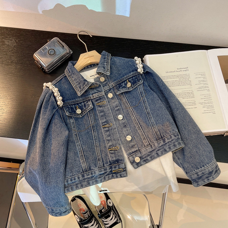 女童2023春秋款新款珍珠牛仔外套儿童洋气复古港风休闲夹克牛仔衣
