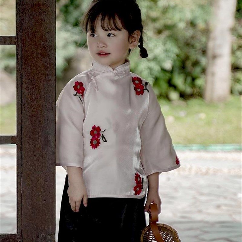 女童春夏装民国风儿童旗袍盘扣粉色上衣套装表演服唐装古法倒大袖