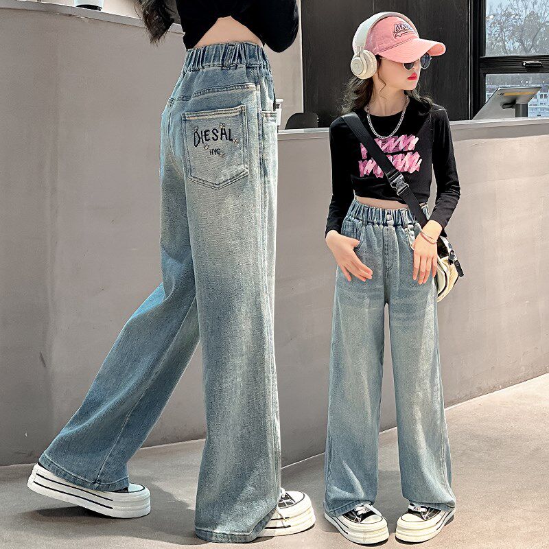 女童牛仔裤春夏款2024新款夏装女大童时尚洋气直筒阔腿儿童裤子夏