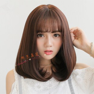真发发套假发女真人发丝齐刘海中长短发 空气刘海梨花头 加厚头套