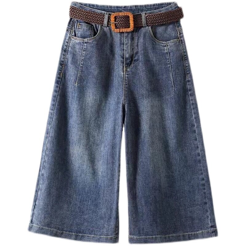 牛仔裤女夏七分薄款短裤2022年高腰五分阔腿裤大码宽松六分休闲裤