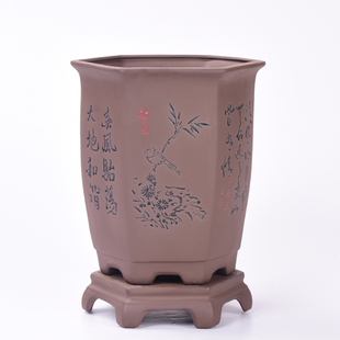 紫砂花盆陶瓷紫砂花盆兰花盆盆景盆室内大号六方带托盘榕树花盆