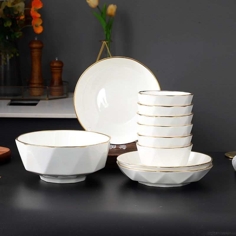 酒店饭店会所金边陶瓷碗盘餐具套装高级感金边米饭碗中式面碗汤碗,餐饮具,盘,淘宝优惠券,粉丝福利购,淘宝优惠卷