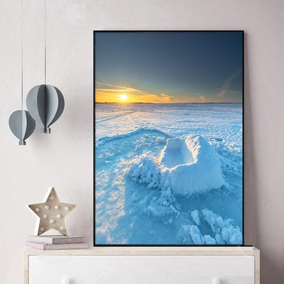 高清蓝色雪山餐厅卧室玄关客厅装饰画雪峰挂画草地高原风景墙画