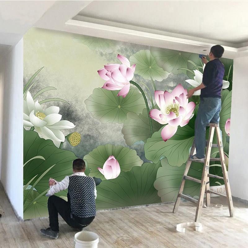 中式水墨荷花壁纸客厅电视背景墙装饰画圆形荷叶古典壁画立体墙贴