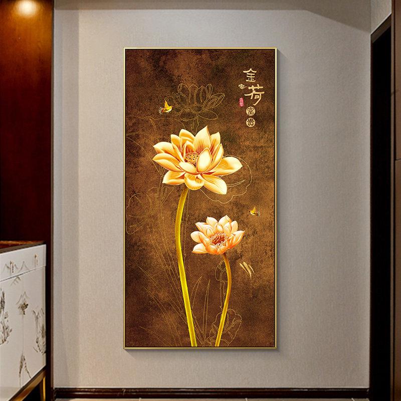 新中式金色荷花玄关装饰画花开富贵莲花大气客厅挂画走廊过道壁画