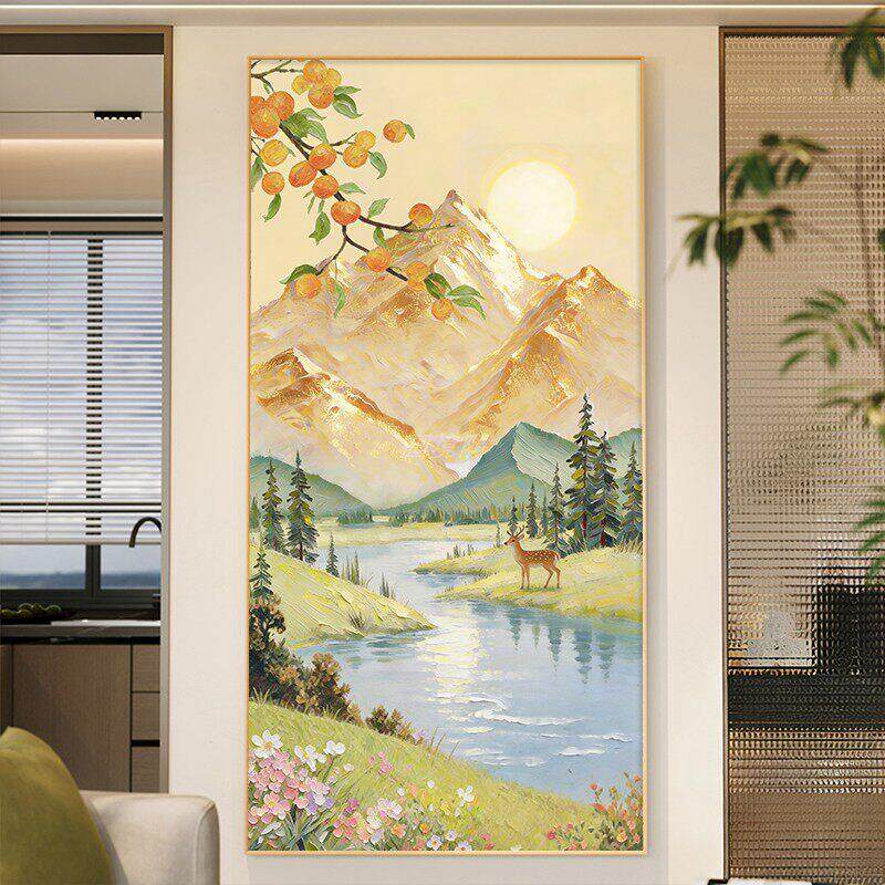 现代简约山水风景装饰画客厅玄关挂画日照金山鹿主题竖版壁画