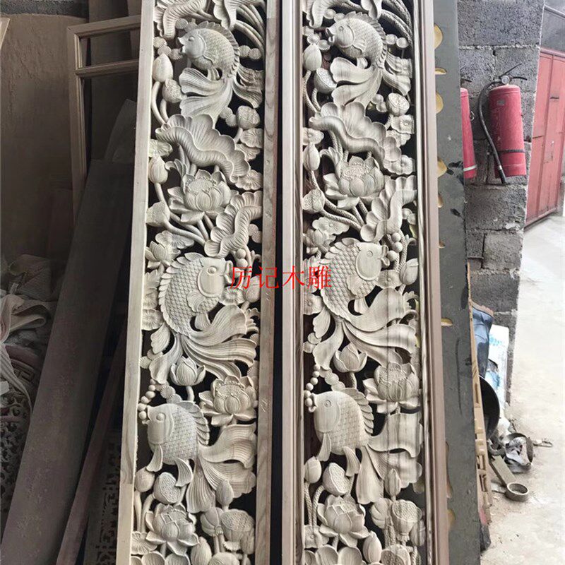 东阳木雕花板中式仿古实木玄关手工雕刻吊顶背景墙隔断屏风定制
