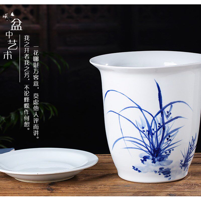 青花瓷花盆景德镇陶瓷兰花盆纯手工手绘种文竹芦荟绿植海棠带托盘