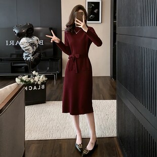 高级感长袖针织连衣裙女秋冬配毛呢大衣内搭A字裙打底裙毛衣裙子
