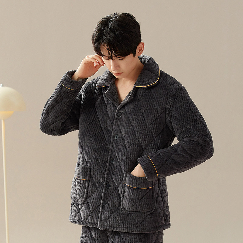 冬季男士加绒加厚三层夹棉珊瑚绒睡衣套装家居服法兰绒男单件上衣